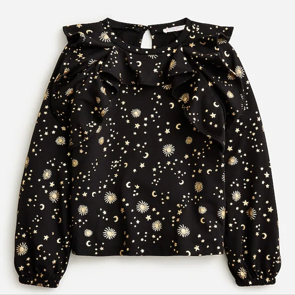 Crewcuts girls long sleeves ruffle top, xs/ 4-5, black/ gold